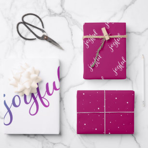 Joyful Script Snowflake Purple Holiday Wrapping Paper Sheet