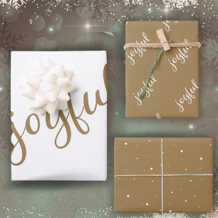 Joyful Script Snowflakes Beige Holiday Wrapping Paper Sheet