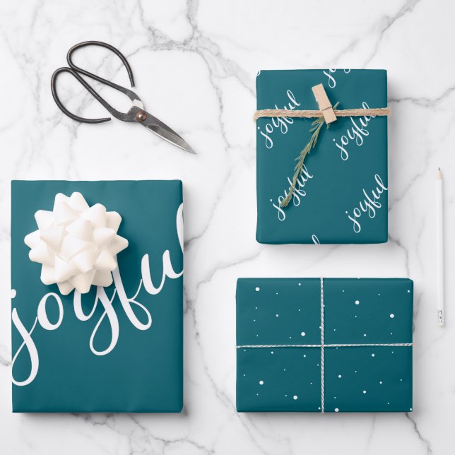 Joyful Script Snowflakes Teal Holiday Wrapping Paper Sheet (Front)