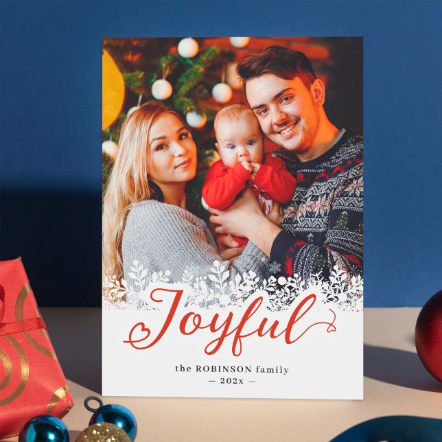 Joyful Script Winter Snowflakes Christmas Photo Holiday Card (Creator Uploaded)