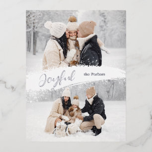 Joyful Script with Snowy Brushstroke 2-Photo Foil Holiday Postcard