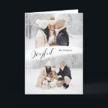 Joyful Script with Snowy Brushstroke 2-Photo Holiday Card<br><div class="desc">Modern minimalist holiday design featuring top and bottom photo templates with centre white snowflake brushstroke,  "Joyful" script calligraphy and editable text field.</div>