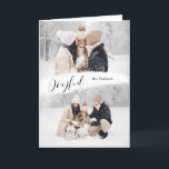 Joyful Script with Snowy Brushstroke 2-Photo Holiday Card<br><div class="desc">Modern minimalist holiday design featuring top and bottom photo templates with centre white snowflake brushstroke,  "Joyful" script calligraphy and editable text field.</div>