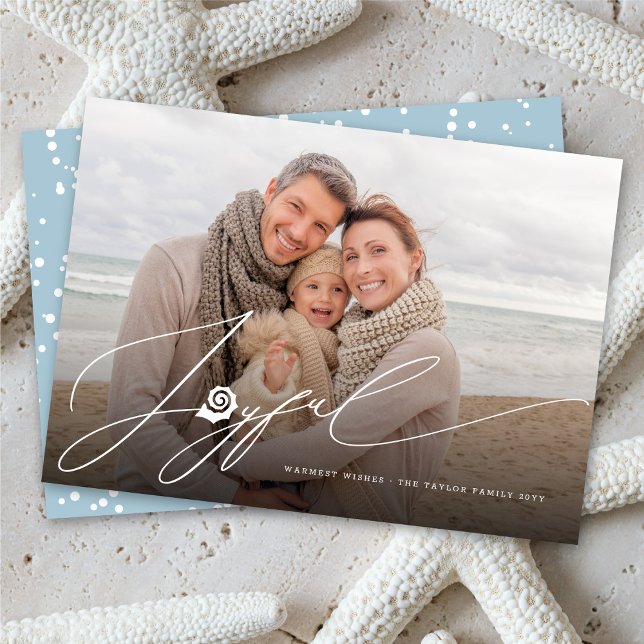 Joyful Seashell Beach Stylish Script Modern Photo Holiday Card (Creator Uploaded)