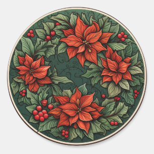 Joyful Seasonal Foliage-Poinsettia Classic Round Sticker