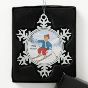Joyful Skier Snowflake Pewter Christmas Ornament