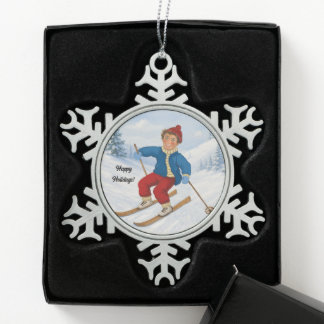 Joyful Skier Snowflake Pewter Christmas Ornament