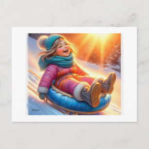 Joyful Sledding in Winter Snow, Postcard