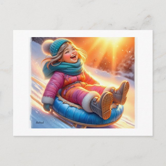 Joyful Sledding in Winter Snow,  Postcard (Front)