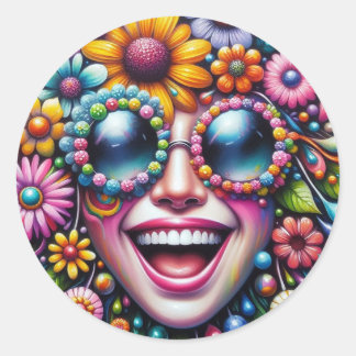 Joyful Smiling Face Surrounded by Flowers Sticker