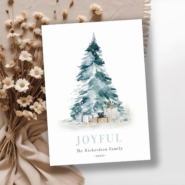 Joyful Snow Watercolor Pine Christmas Tree Gift Holiday Card (Creator Uploaded)