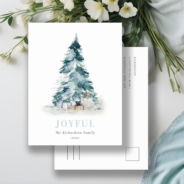Joyful Snow Watercolor Pine Christmas Tree Gifts Holiday Postcard (Creator Uploaded)