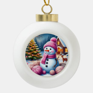 Joyful Snowman by Christmas Tree in a Cozy Winter Ceramic Ball Christmas Ornament