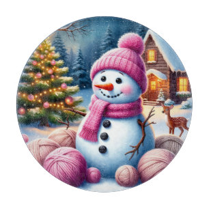 Joyful Snowman by Christmas Tree in a Cozy Winter Cutting Board