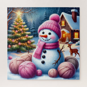 Joyful Snowman by Christmas Tree in a Cozy Winter Jigsaw Puzzle