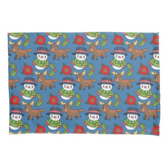 Joyful Snowman Deer Winter Holiday Pattern Pillowcase (Front)