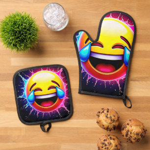 Joyful Splash: Laughing Emoji Art Oven Mitt & Pot Holder Set