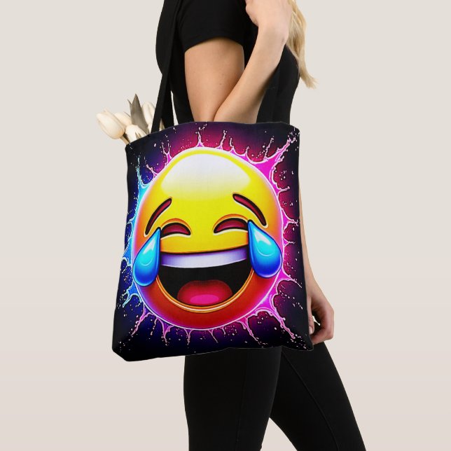 Joyful Splash: Laughing Emoji Art Tote Bag (Close Up)
