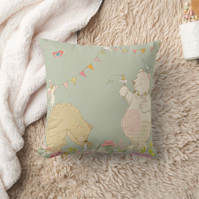 Joyful spring bears throw pillow (Blanket)