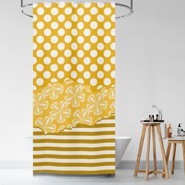 Joyful Stripes Floral Polka Dot Layered Yellow (Joyful Stripes Floral Polka Dot Layered Yellow Shower Curtain)