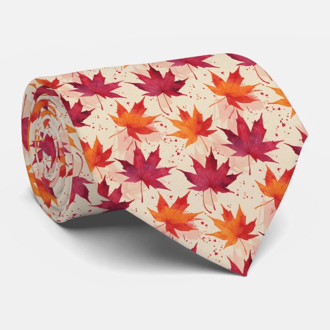 Joyful Sunset Glow Watercolor Maple Leaf Tie (Rolled)