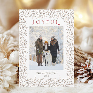 Joyful Tan Botanical Rustic Christmas Photo Holiday Card