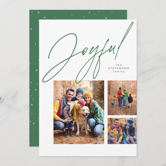 Joyful three photo green family Christmas Holiday  (Front/Back)