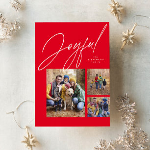 Joyful three photo red family Christmas Holiday Card