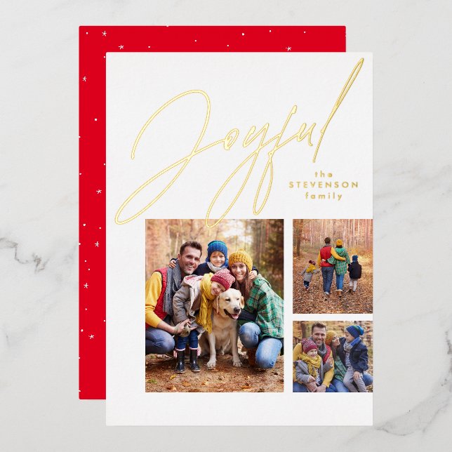 Joyful three photo red gold family Christmas Foil Holiday Card (Front/Back)