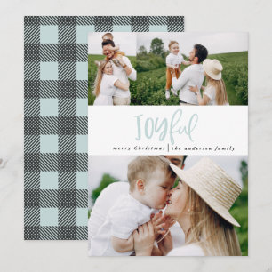 Joyful three photo script text and tartan family  holiday card