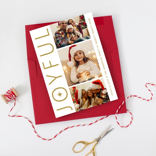 Joyful Three Photo White and Antique Gold Holiday Card (Creator Uploaded)
