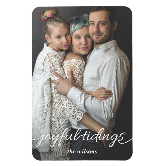Joyful Tidings Script Custom Photo Holiday Card Magnet (Vertical)