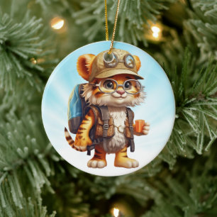 Joyful Tiger Cub with Backpack and coffee Ceramic Ornament
