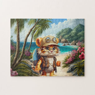 Joyful Tiger Cub with Backpack and coffee Jigsaw Puzzle