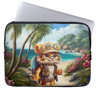 Joyful Tiger Cub with Backpack and coffee Laptop Sleeve