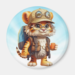 Joyful Tiger Cub with Backpack and coffee Magnet