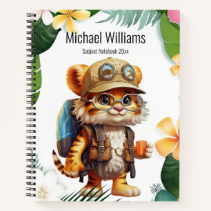 Joyful Tiger Cub with Backpack and coffee Notebook