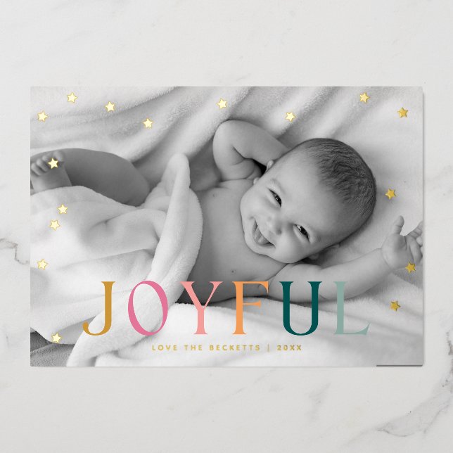Joyful Tiny Stars Christmas Photo Foil Holiday Card (Front)