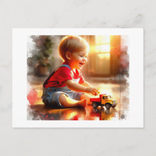 Joyful Toddler Playing With A Toy Truck, Postcard