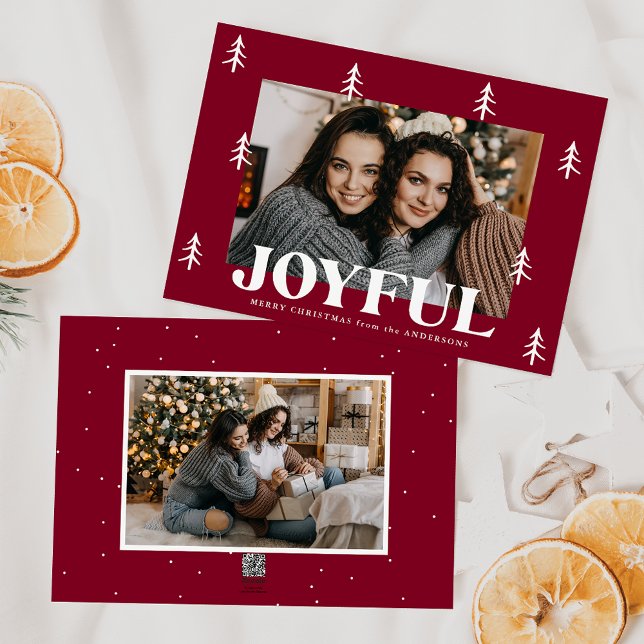 Joyful Trees Burgundy 2 Photo Holiday Card (Creator Uploaded)