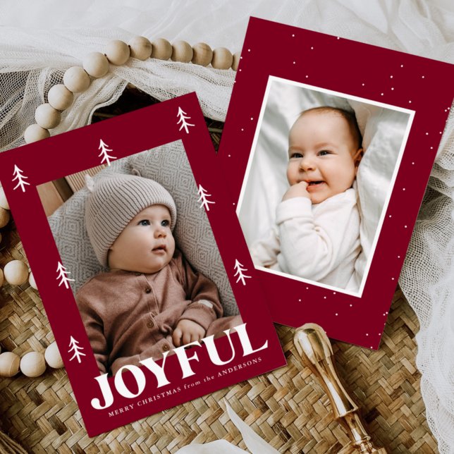 Joyful Trees Burgundy 2 Photo Holiday Card (Creator Uploaded)