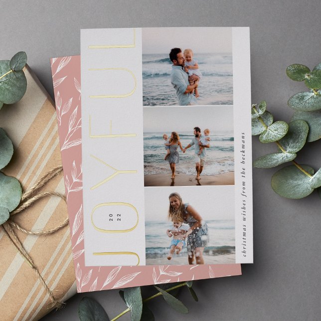 Joyful Trio | Modern 3 Photo Collage Foil Holiday Card (Creator Uploaded)