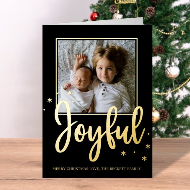 Joyful Typography Script Modern Photo Christmas Foil Holiday Card (Creator Uploaded)