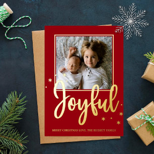 Joyful Typography Script Modern Photo Christmas Foil Holiday Card