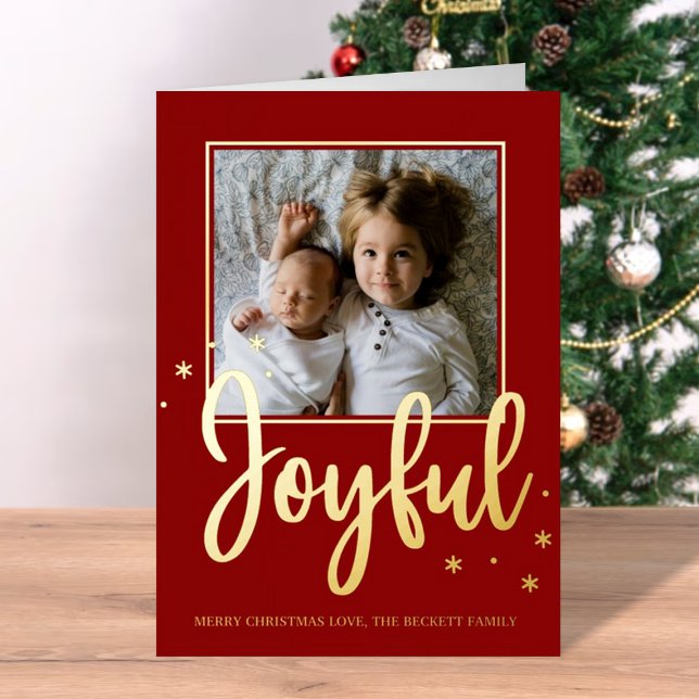 Joyful Typography Script Modern Photo Christmas Foil Holiday Card (Creator Uploaded)