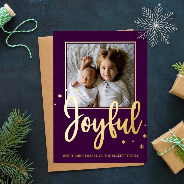 Joyful Typography Script Modern Photo Christmas Foil Holiday Postcard (Creator Uploaded)