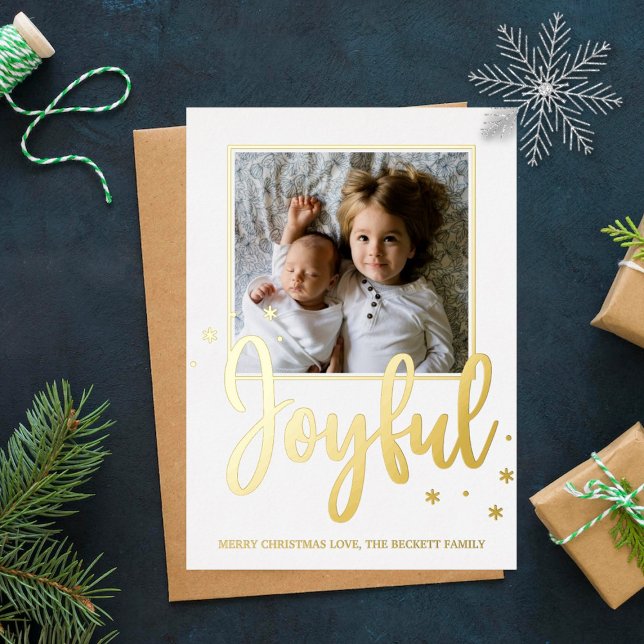 Joyful Typography Script Modern Photo Christmas Foil Holiday Postcard (Creator Uploaded)