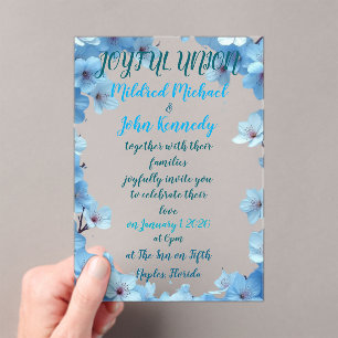 joyful union  wedding invitation with blue flowers
