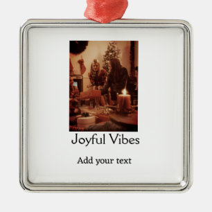 Joyful Vibes add family Christmas photo name simpl Metal Ornament