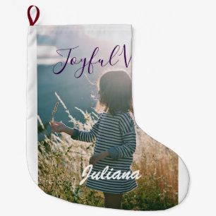Joyful vibes kids photo purple holidays name gifts large christmas stocking